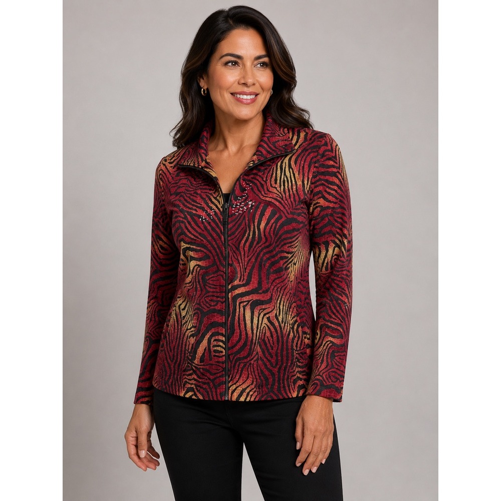 Exclusively Misook Zebra Print Textured Zip Front Jacket Red Orange XS/S Glam